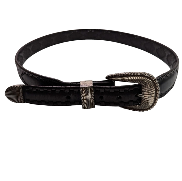 Onyx Women’s Western Black Brown Textured Leather Belt Silver Buckle Size 34 - Picture 3 of 6